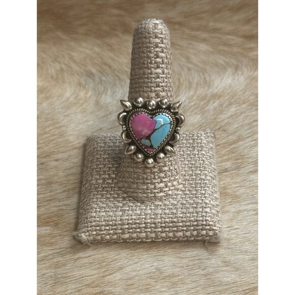 Native American SW Sterling Silver Pink Blue Cotton Candy Dahlia Heart Ring 9